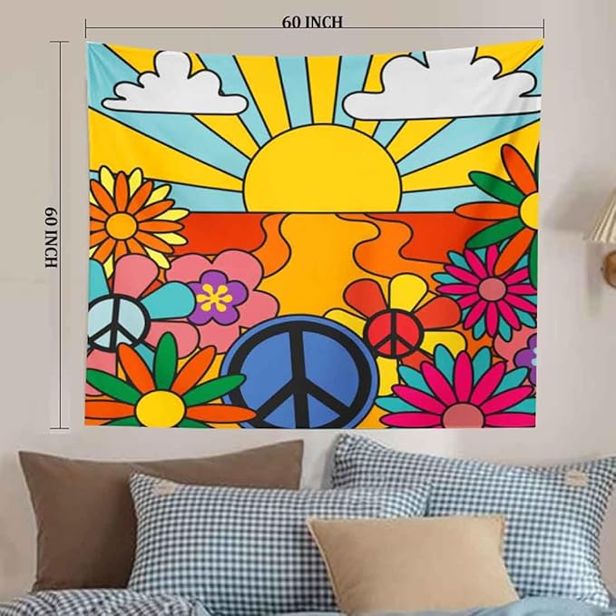 BULOR 70's Groovy Retro Sunshine Flowers Tapestry Wall Hangings, Rainbow Boho Funky Vintage Tapestry For Kids Student Bedroom Living Room Dorm Man Cave Background 60x60inch