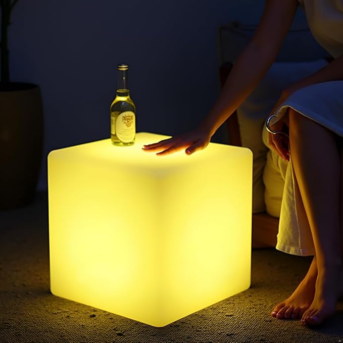 16-inch LED Cube Light, Rechargeable Cube Light Table w/Remote, 16 Colors Dimmable Glow Lamp Chair, Waterproof Glowing LED Furniture Side Seat Mood Lighting for Home Party Patio Decor