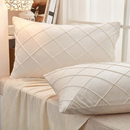 JAUXIO Diamond Pinch Pleated Crystal Velvet Pillowcases 2 Pack Solid Pintuck Throw Cushion Cover for Home Decor Hidden Zipper Closure (Cream, Standard)