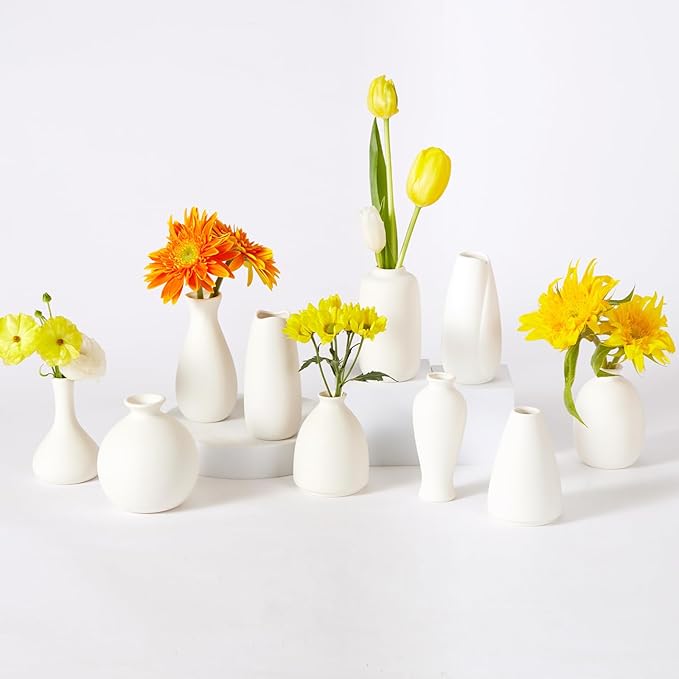 10pc Ceramic Bud Vases Set - 2-3 Inch White Small Vases Collection for Flowers | Boho & Modern Ceramic Vase Set for Table Décor, Wedding, Cute Vase Home Decor