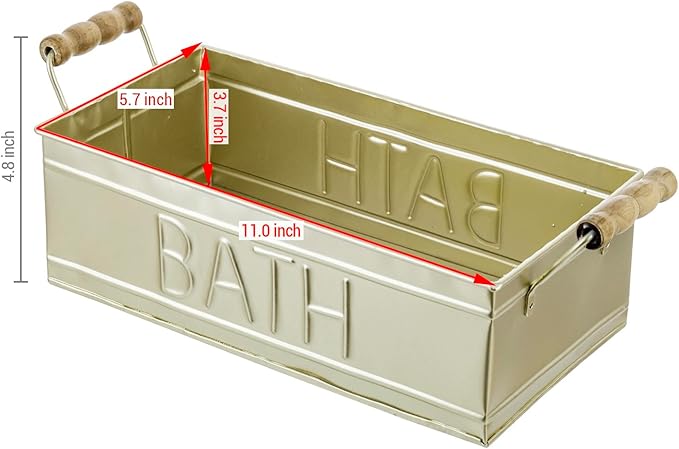 MyGift Vintage Bronze Metal Rectangular Storage Basket with Wooden Handles, Bathroom Toiletries Holder, Organizer Bin with Embossed Bath Label - Handcrafted in India (Brass)
