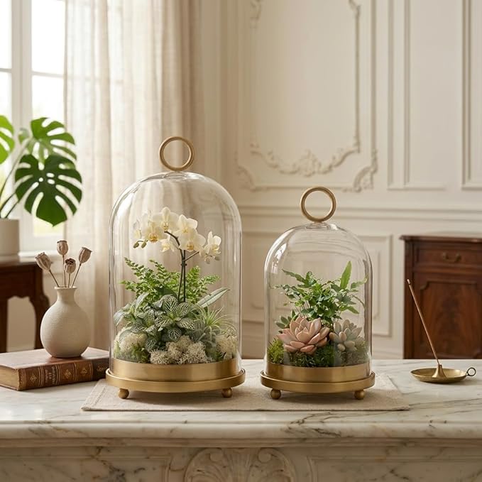 Hurricane Glass Candle Holders Set (5.1"×11.2" & 4.3"×7.7"), Metal Candle Holder with Hook Chains, Handmade Cloche Glass Dome & Antique Brass Candle Holder, for Pillar Candles, Floral Arrangements