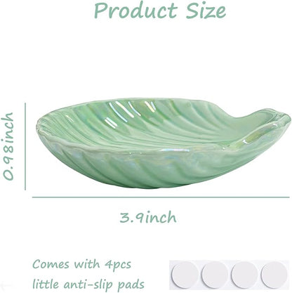 Ceramic Shell Ring Holder Dish, Small Shell Trinket Dish for Women, Ceramic Beachy Jewelry Plate Bowl for Earrings Necklace, 3.9", Ice Green Iridescent Surface
