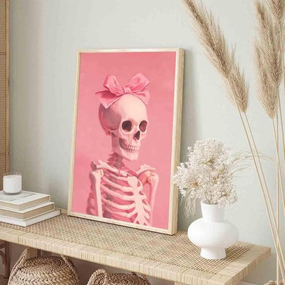 Pink Skeleton Wall Art Vintage Skull Poster Pink Bow Pictures Cute Bow Pictures Quirky Trendy Wall Art Skeleton Funny Halloween Poster Aesthetic Living Room Decor 16x24inch No Frame