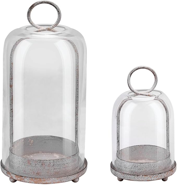 6" & 4" Wide Versatile Modern Metal Hurricane Lantern with Handmade Sturdy Glass Dome in Vintage White for Pillar Candle & Plants, Industrial, Farmhouse, Shabby Chic
