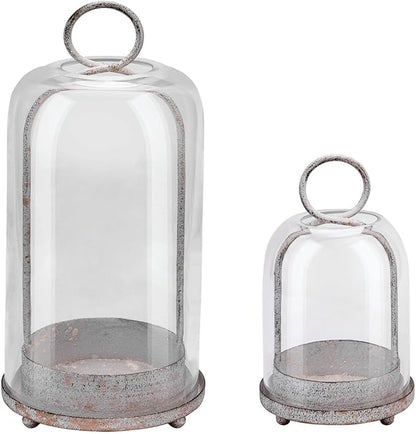 6" & 4" Wide Versatile Modern Metal Hurricane Lantern with Handmade Sturdy Glass Dome in Vintage White for Pillar Candle & Plants, Industrial, Farmhouse, Shabby Chic