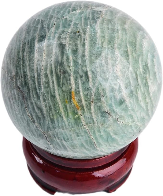 JIC Gem Natural Amazonite Crystal Ball with Wood Stand Gemstone Sphere, Polished Healing Energy Mineral Gemstone Balls for Reiki Chakra Decoration Fengshui (50-60mm)