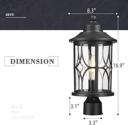zeyu Outdoor Pole Light Fixture, 16.9 Inch Dusk to Dawn Sensor Post Light with Photocell Sensor, Black Pier Mount Light with Seeded Glass Shade, ZX48MP PC BK