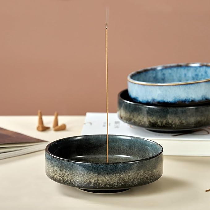 5.9" Ceramic Incense Holder with 10 Holes,5in1 Incense Tray for Sticks,Coil,Cone,Sage,Palo Santo,Handcrafted Burner Ash Catcher Smudge Bowl for Yoga Meditation Energy Cleansing Room Décor,Black