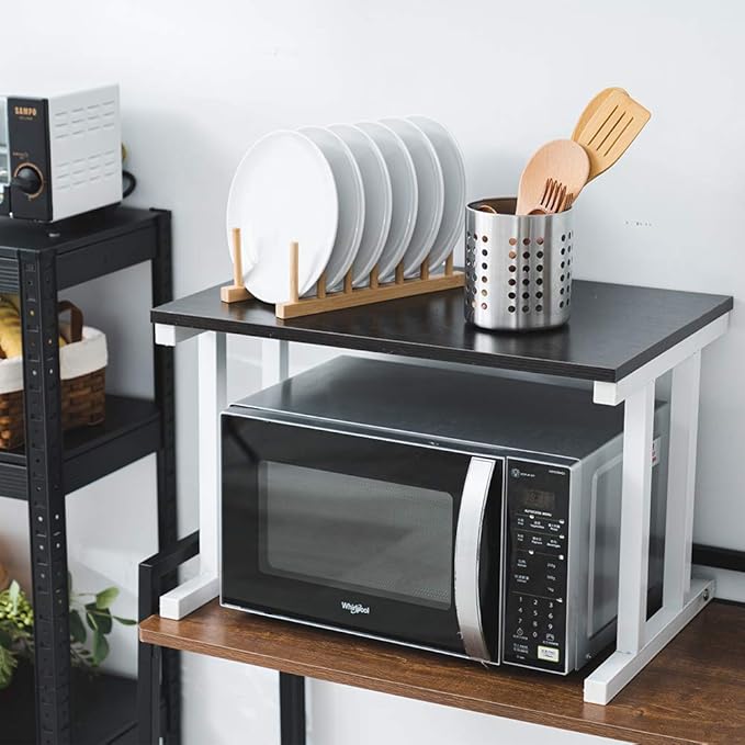 Wooden Microwave Oven Rack, 2-Tier Kitchen Counter Shelf, Kitchen Space Saving Organizer, Two Layers Counter Top Organizer for printers on desk, Microwave Shelf Stand,Microwave Countertop Stand- Black