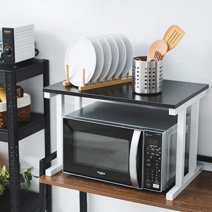 Wooden Microwave Oven Rack, 2-Tier Kitchen Counter Shelf, Kitchen Space Saving Organizer, Two Layers Counter Top Organizer for printers on desk, Microwave Shelf Stand,Microwave Countertop Stand- Black