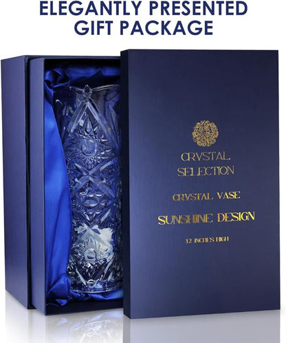 CS Crystal Vase 12-inch high, Sunshine Design, for Flowers & Decor. Lovely Nice Shiny Piece. Perfect as a Gift, Suitable for All Occasions.