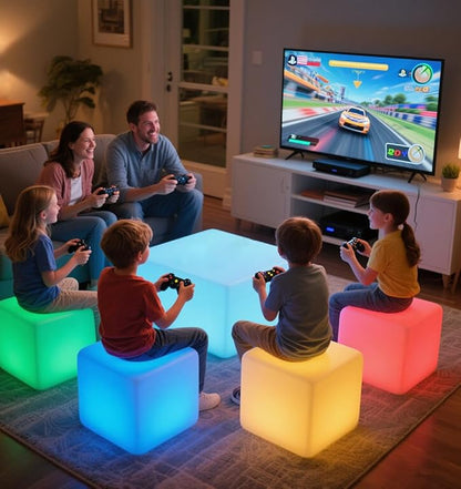 16-inch LED Cube Light, Rechargeable Cube Light Table w/Remote, 16 Colors Dimmable Glow Lamp Chair, Waterproof Glowing LED Furniture Side Seat Mood Lighting for Home Party Patio Decor