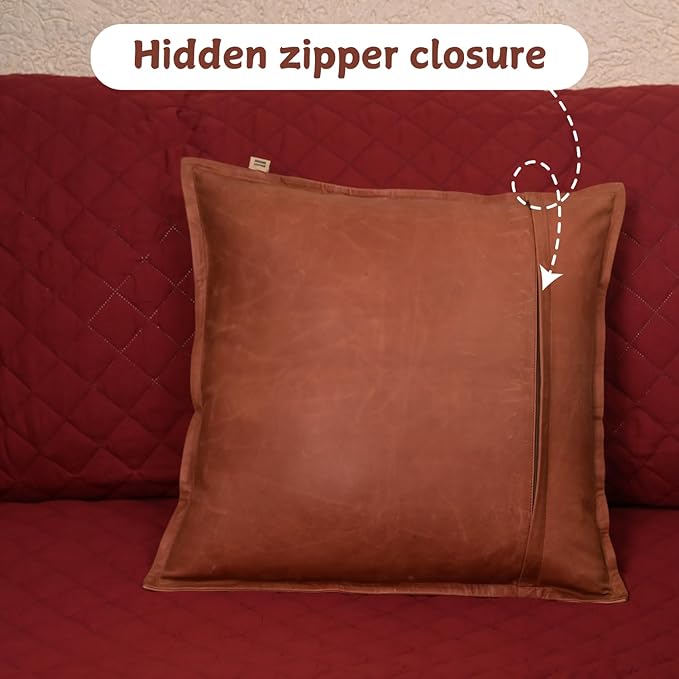 Lambskin Leather Pillow Cover - Sofa Cushion Case - Decorative Throw Covers for Living Room & Bedroom, 14x14 Inches - Orange Crunch Box Pack of 2