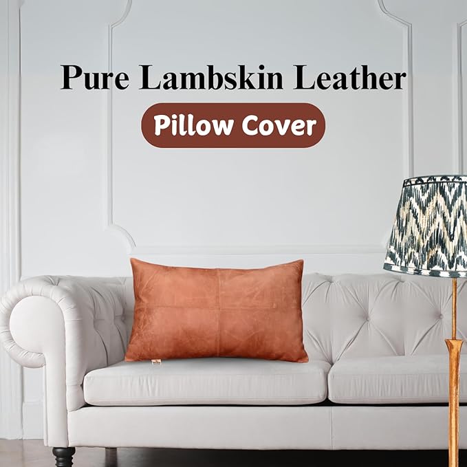 100% Lambskin Leather Pillow Cover - Sofa Cushion Case - Decorative Throw Covers for Living Room & Bedroom, 14x22 Inch - Mango Tan Crunch Plain Pack of 2