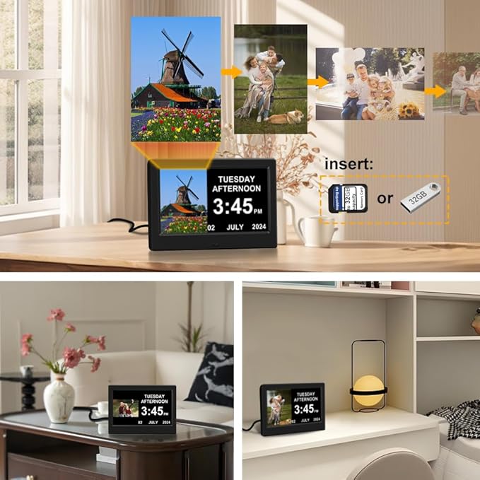 Alarm Clock with Day and Date for Elderly Digital Calendar Clock Photo Frame- Auto Dimmable Display 15 Alarm Options (7inch Black)
