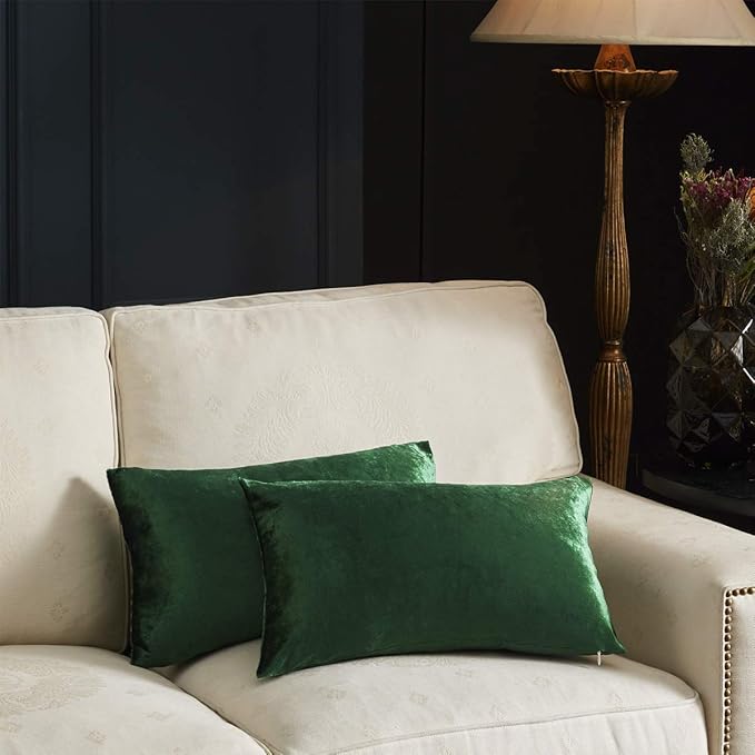 GIGIZAZA Decorative Small Lumbar Pillow Covers, Set of 2 Cushion Covers Velvet Forest Green Pillows,Sofa Throw 12 X 20 Pillow Covers
