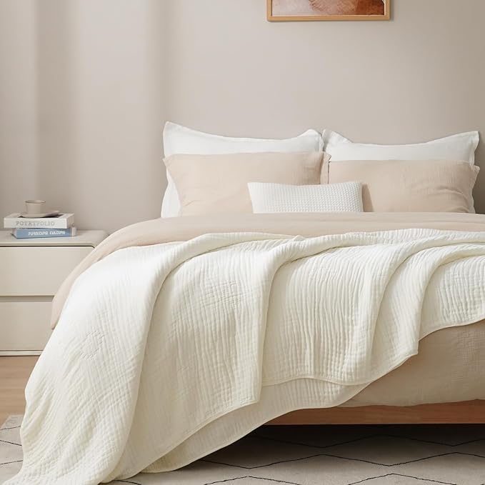 PHF Cooling Muslin Blanket Queen Size 90"x80", 6-Layer Lightweight Gauze Blanket Made from 35% Rayon Derived from Bamboo & 65% Cotton, Breathable & Ultra Soft Cozy for Hot Sleepers, Snow White