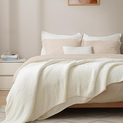 PHF Cooling Muslin Blanket Queen Size 90"x80", 6-Layer Lightweight Gauze Blanket Made from 35% Rayon Derived from Bamboo & 65% Cotton, Breathable & Ultra Soft Cozy for Hot Sleepers, Snow White