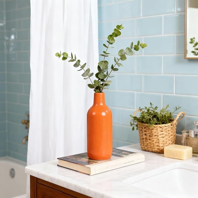 Matte Orange Vase Set of 6 - Bud Vases in Bulk, Modern Minimalist Flower Vases for Home Decor, Ceramic Mantle Vase Set, Rustic & Boho Centerpiece Vases for Entryway Table, Shelf, Living, or Bathroom