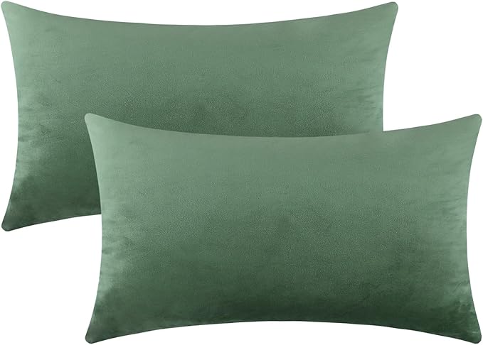 mixeoo Comfy Sage Green Throw Pillow Covers Decorative Lumbar Solid Rectangle Thick Velvet Super Soft Cushion Cases Home Decor for Sofa Couch Living Room Chair, Set of 2, 12 x 20 Inch