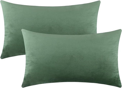 mixeoo Comfy Sage Green Throw Pillow Covers Decorative Lumbar Solid Rectangle Thick Velvet Super Soft Cushion Cases Home Decor for Sofa Couch Living Room Chair, Set of 2, 12 x 20 Inch