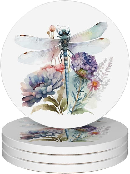 Drinks Coasters Set of 4, Dragonfly Wildflower Round 4" Cup Coasters, Absorbent Ceramic Stone Coasters with Cork Base, Cute Coasters for Table Home Décor, Ideal Gifts for Women Men