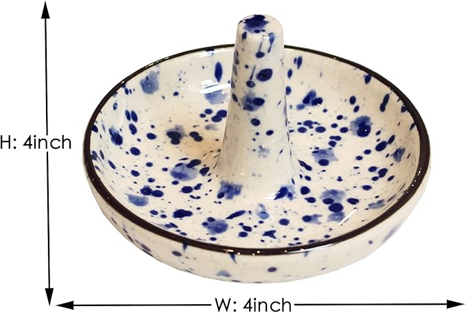 Wedding Ring Holder - Ceramic Ring Stand With Jewelry Plate, Blue Dots Jewelry Holder for Rings, Earrings, Necklace Organizer - Gift for Mom, Bridesmaid, Engagement