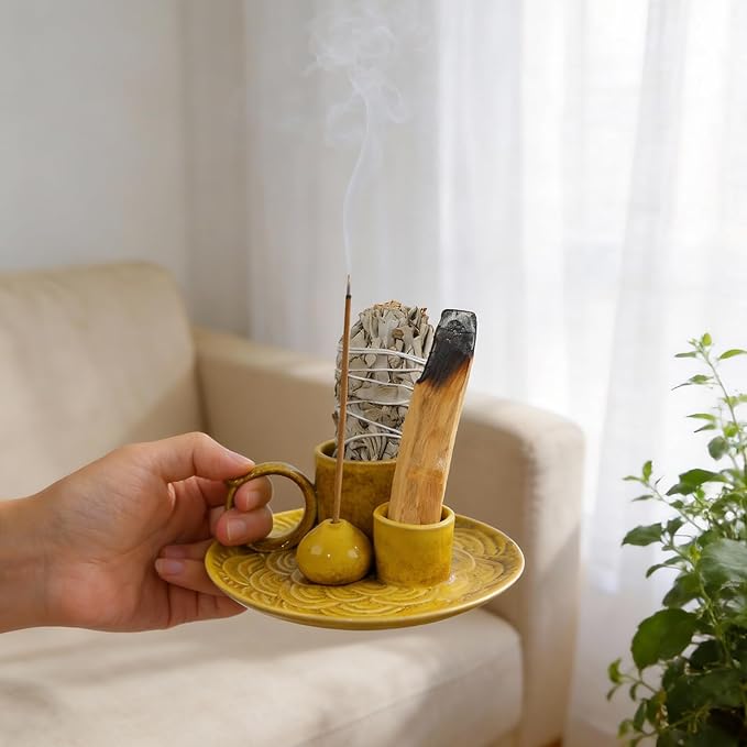 4-Inch 5-in-1 Yellow Ceramic Incense Holder | Multi-Use Smudge Tray for Palo Santo, Sage, Incense Sticks & Cones | Ideal for Candles & Meditation | Zen Altar for Yoga & Aromatherapy