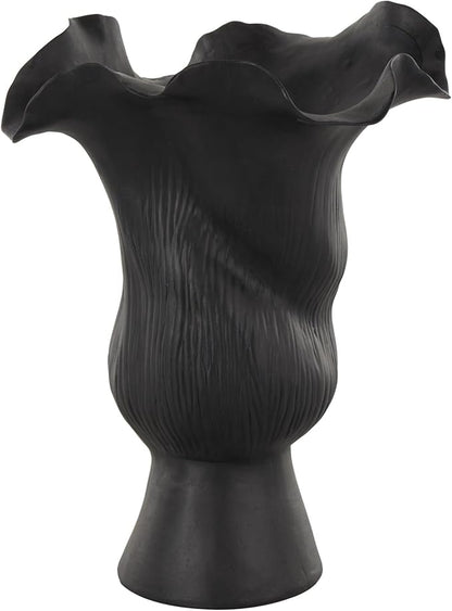 Deco 79 Ceramic Abstract Floral Inspired Vase with Wavy Folded Rim and Linear Grooves, 8" x 7" x 11", Black