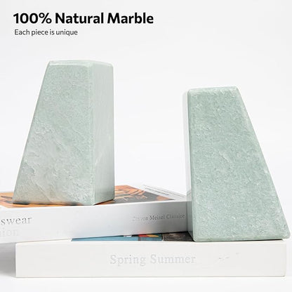 Luxury Marble Bookends for Shelves, 11LB Heavy Duty Marble Book Ends for Heavy Books, Stone Bookends Decorative, Polished, Light Green Triangular, Set of 2