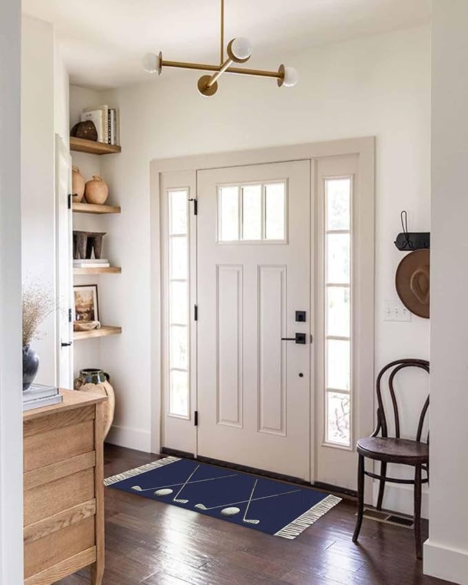 Navy Blue Hallway Runner Rug 2X6 Ft Kitchen Carpet, Washable Woven Sports Golf Ball Throw Carpet with Tassel, Non-Shedding Modern Minimalist Art Bedroom Laundry Rugs