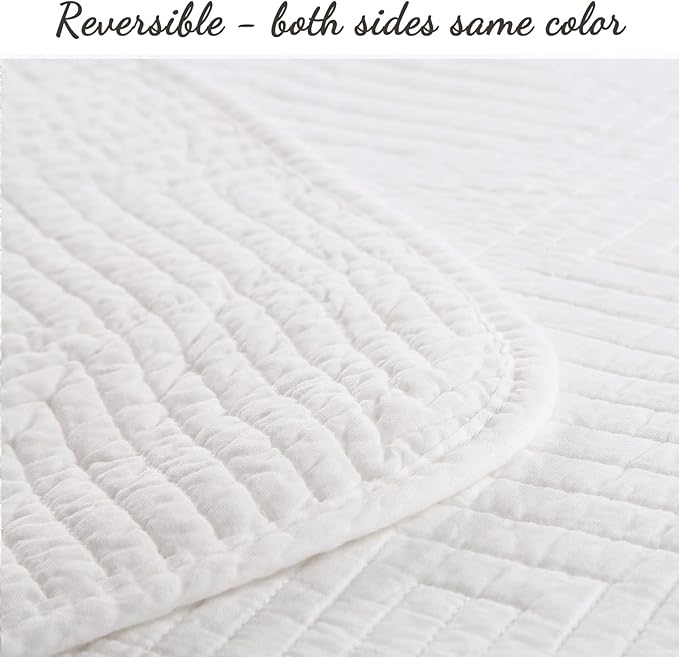 Cozy Line Home Fashions 100% Cotton Square Check Stitch Solid White Quilt Bedding Set, Bedspread Coverlet Lightweight for All Seasons (Maze - White, Queen - 3 Piece)