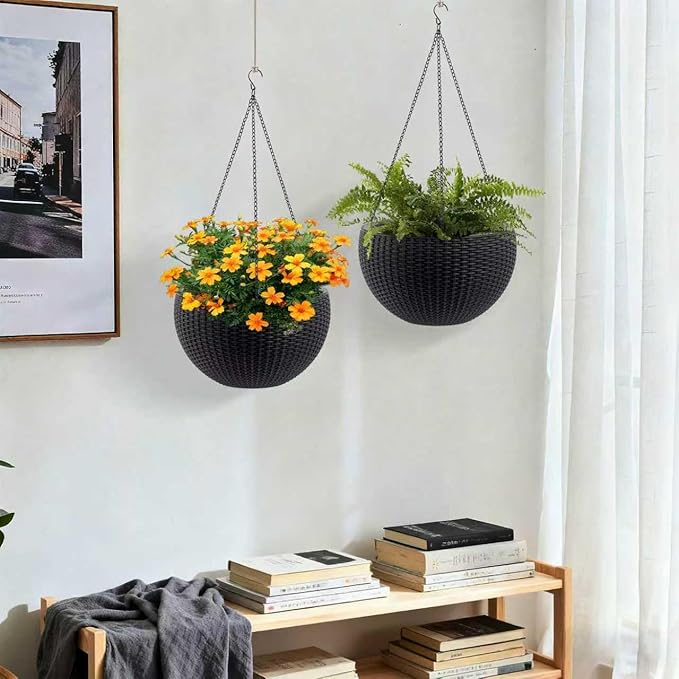 2Pack 13.5" High Hanging Planters for Outdoor/Indoor Plants, Self Watering Hanging Pot with Water Level Indicato, Drainage Holes and Chain for Garden Porch, Black