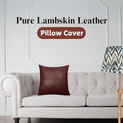 Lambskin Leather Pillow Cover, Hand Panel Stitched Leather Decorative Throw Pillow Covers for Couch Sofa Bed Living Room Garden (20x20 Inches, Deep Maroon Pack of 2)