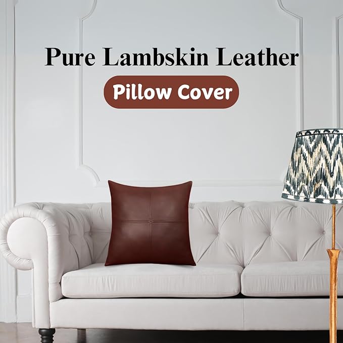 Lambskin Leather Pillow Cover, Hand Panel Stitched Leather Decorative Throw Pillow Covers for Couch Sofa Bed Living Room Garden (22x22 Inches, Deep Maroon Pack of 2)