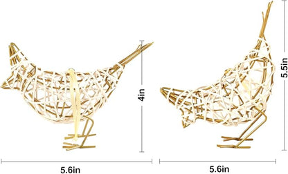 White Woven Bird Duo - Metal & Rattan Tabletop Sculptures, Modern Boho Decor with Detachable Memo Clips and Christmas Ornament (6x5.5x2.3in)
