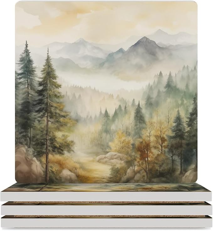 Forest Drink Coasters, Square Ceramic Drink Coaster Square-4PCS, Watercolor Mountain Forest Nature Tree Woodland Decor Absorbent Ceramic Coasters for Beverage Cup, Bar, Coffee Table