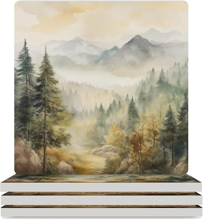 Forest Drink Coasters, Square Ceramic Drink Coaster Square-4PCS, Watercolor Mountain Forest Nature Tree Woodland Decor Absorbent Ceramic Coasters for Beverage Cup, Bar, Coffee Table