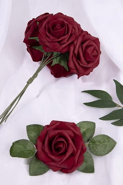 N&T NIETING Artificial Flowers, 25Pcs Fake Flowers Foam Roses with Stems Perfect DIY Wedding Bouquets Centerpieces Bridal Shower Party Valentine's Day Home Flower Arrangement Decorations, Dark Red
