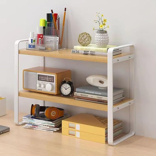 Hbluefat Desktop Organizer Shelf, 2-Tier Multipurpose Tabletop Storage Bookshelf, Small Wooden Countertop Storage Rack for Home Office Kitchen (Wood+White)