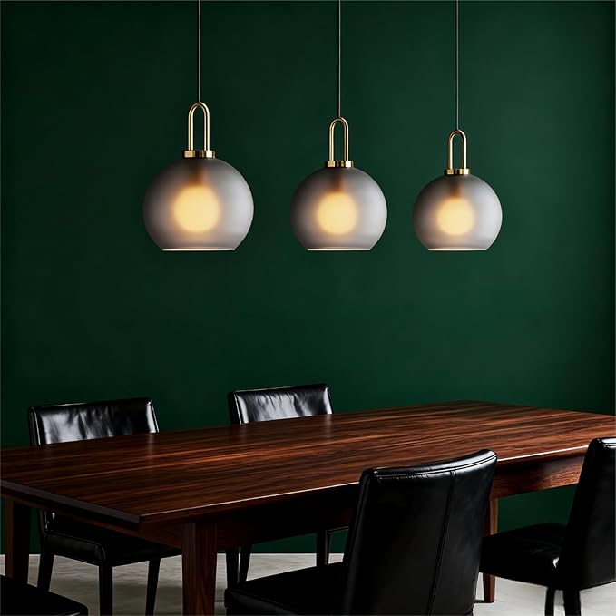 250mm Frosted Grey Spherical Glass Pendant Light, Frosted Grey Glass Globe with Brass Socket Hanging Lamp for Kitchen Island (25CM)