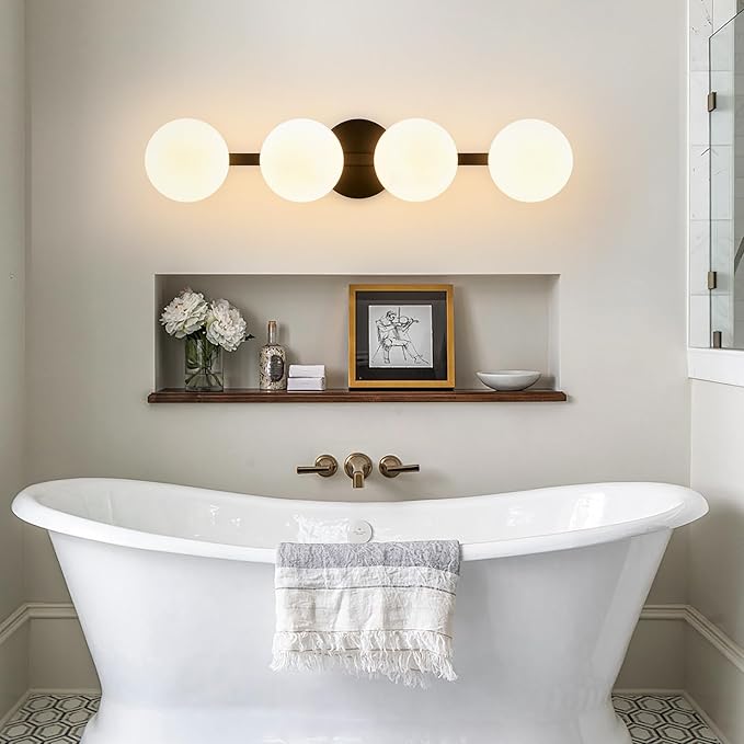 Bathroom Vanity Mirror Light Fixtures: 4 Lights Bath Wall Sconce Lighting - Black Vanity Lights with Milk Glass Shade - Modern Minimalist Makeup Light Fixture above Mirror for Hallway Bedroom E26 Base