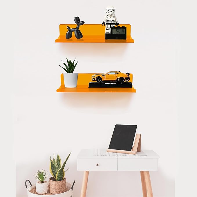 ROYALITA Small Acrylic Shelves Wall Mounted | Set of 2 | 12 Inches | Wall Hanging Plant Display Shelves, Room Decor Floating Wall Shelves for Gaming Room Bedroom, Living Room, Office, Orange