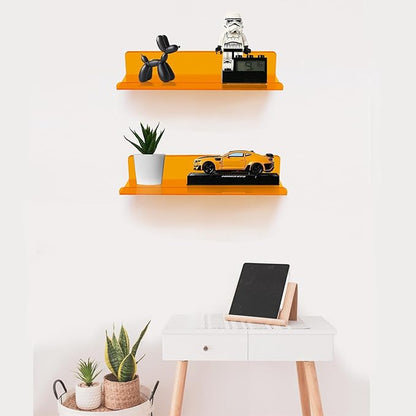 ROYALITA Small Acrylic Shelves Wall Mounted | Set of 2 | 12 Inches | Wall Hanging Plant Display Shelves, Room Decor Floating Wall Shelves for Gaming Room Bedroom, Living Room, Office, Orange