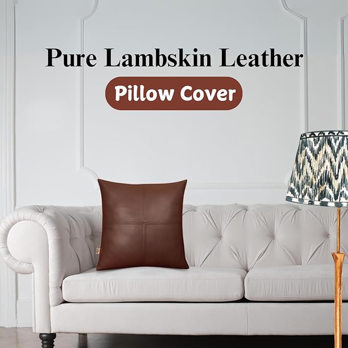 Lambskin Leather Pillow Cover, Hand Panel Stitched Leather Decorative Throw Pillow Covers for Couch Sofa Bed Living Room Garden (18x18 Inches, Dark Brown Pack of 1)