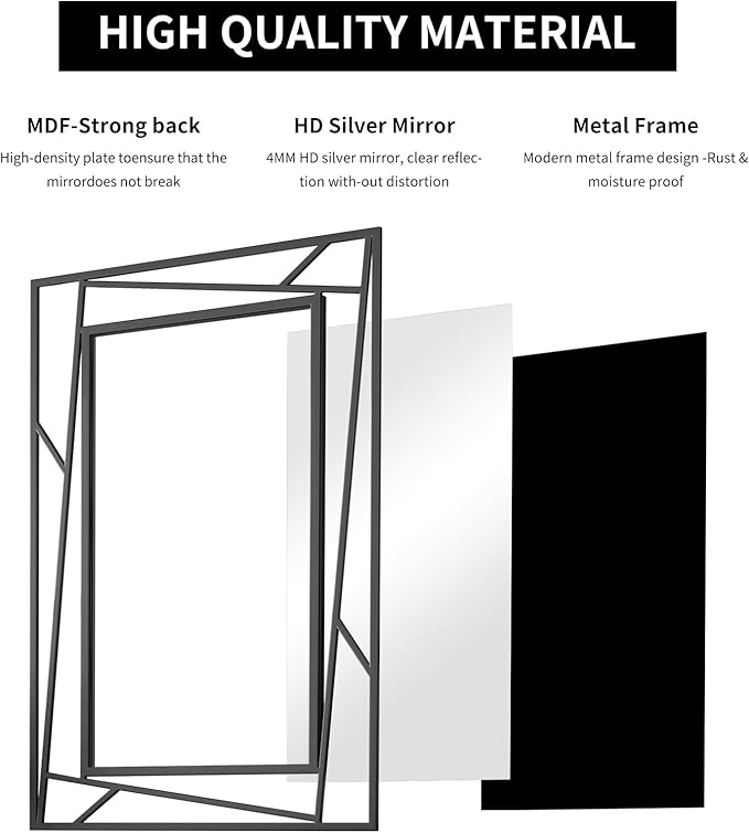 Rectangular Wall Mirror, 48''X24'' Matte Black Metal Framed Farmhouse Bathroom Mirrors for Bedroom Entryway Living Room, Hang Horizontally or Vertically