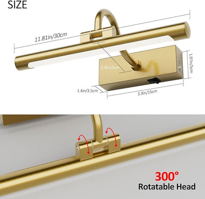 Aipsun 11.8" Brass Picture Lights for Wall Rechargeable,10000mAh Battery Operated Art Light for Paintings,3CCT Dimmable, Rotatable Gallery Light for Pictures Display