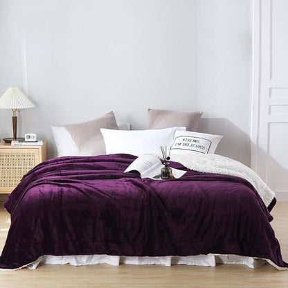 NANPIPER Bed Blanket Reversible Sherpa Flannel Blanket Super Soft Fuzzy Lightweight Fleece Microfiber (90"x90" Purple) Queen
