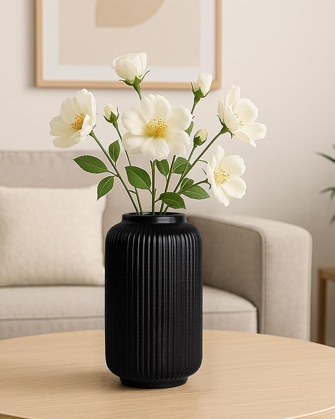 Matte Black Ceramic Flower Vase, 8 Inch Ribbed Vase for Pampas Grass, Fresh or Dried Flowers, Decorative Centerpiece for Living Room, Kitchen, Bookshelf, Office Decor